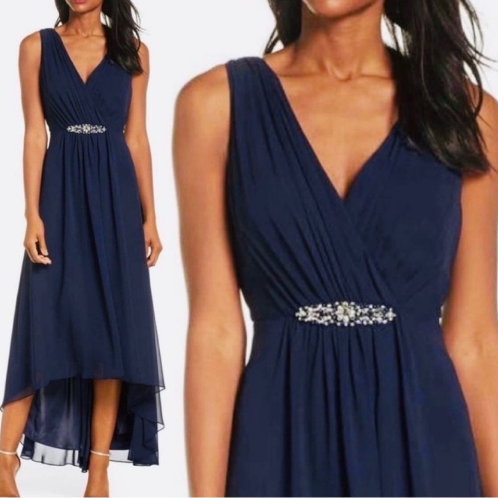 ELIZA J Navy High Low Embellished Waist Formal Party Dress - Picture 8 of 9
